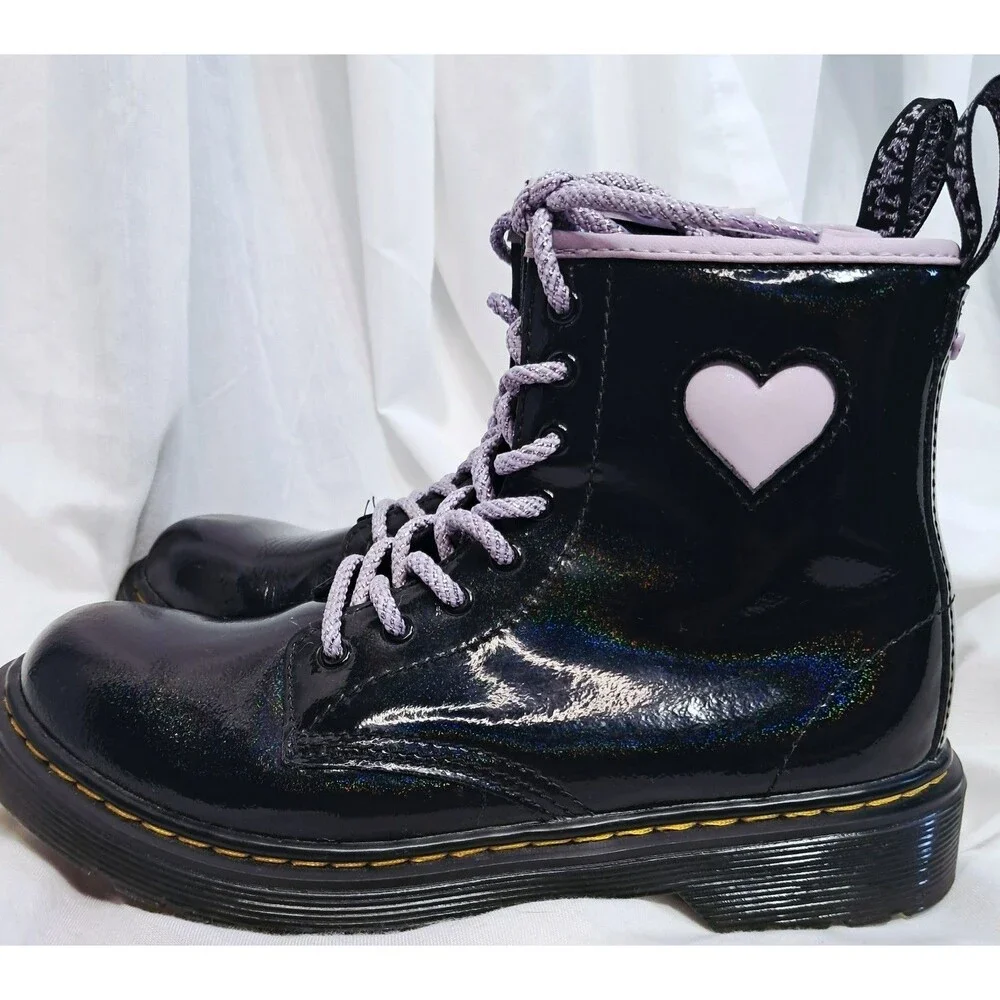 Dr. Martens Junior 1460 Shimmer Heart Boots Black Purple  Size 3 EU 34 UK 2